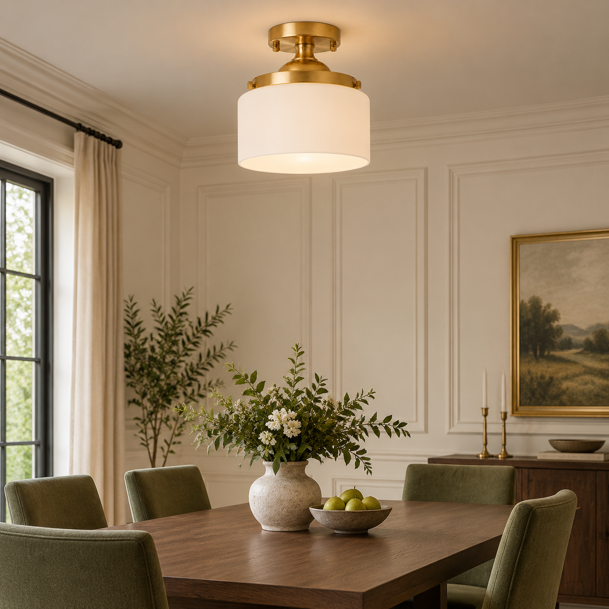 Rosalie Vintage Textured Glass Semi Flush Mount Ceiling Light, Gold / White Glass, varied close installed view at realistic scale