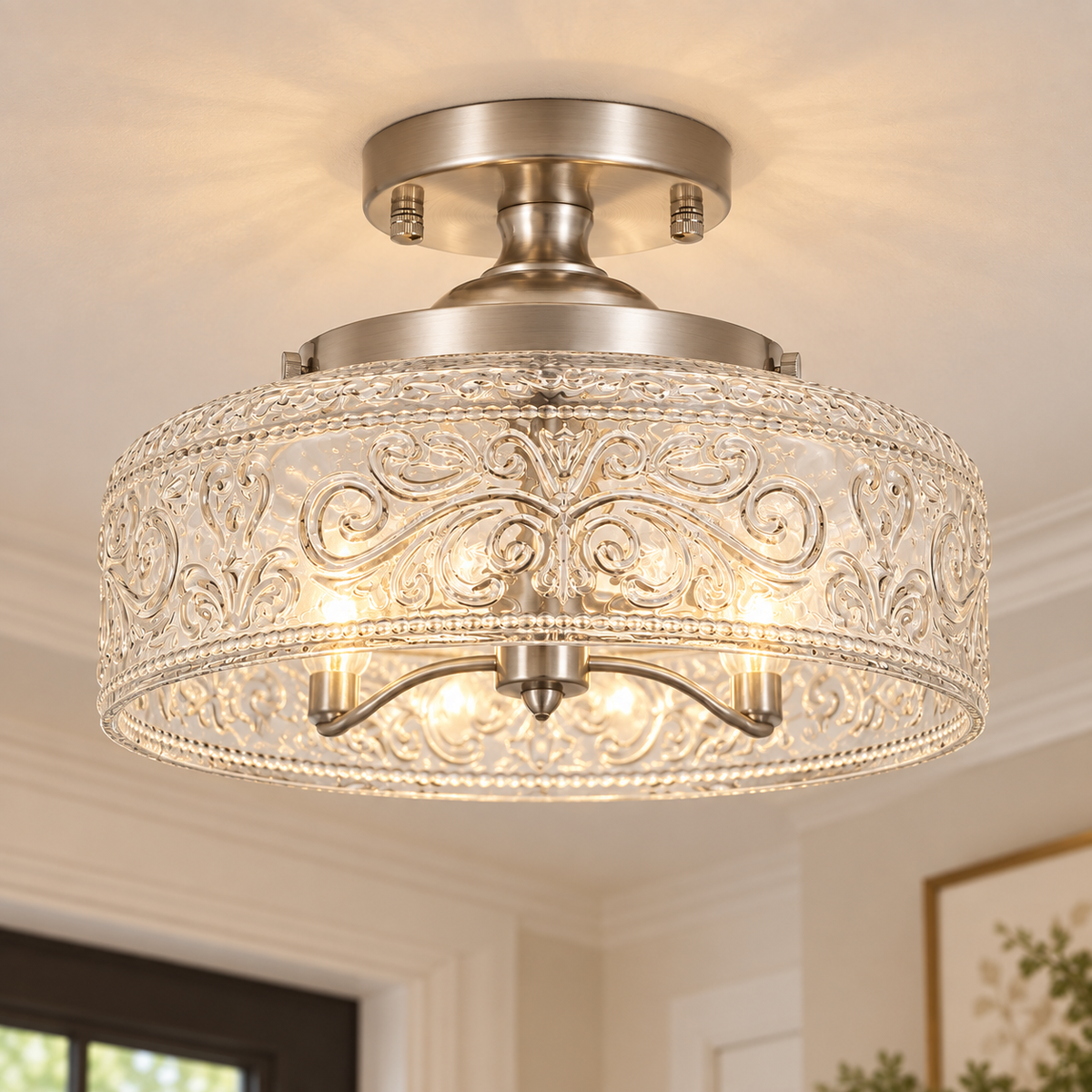 Rosalie Vintage Textured Glass Semi Flush Mount Ceiling Light, Brushed Nickel / Etched Clear Glass, installed SKU view