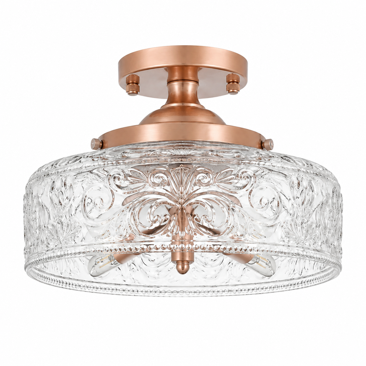 Rosalie Vintage Textured Glass Semi Flush Mount Ceiling Light, Rose Gold / Etched Clear Glass, switched-off white-background product view