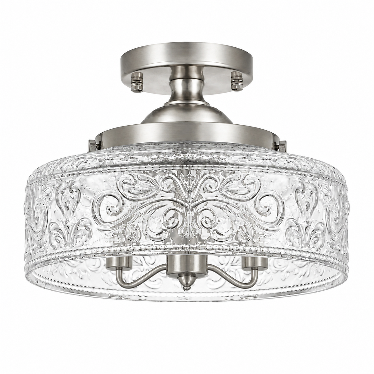 Rosalie Vintage Textured Glass Semi Flush Mount Ceiling Light, Brushed Nickel / Etched Clear Glass, switched-off white-background product view