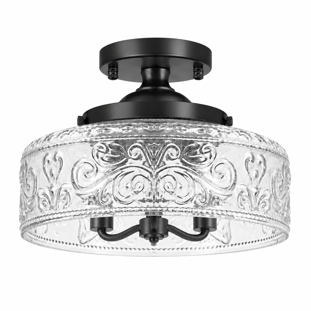Rosalie Vintage Textured Glass Semi Flush Mount Ceiling Light, Matte Black / Etched Clear Glass, switched-off white-background product view