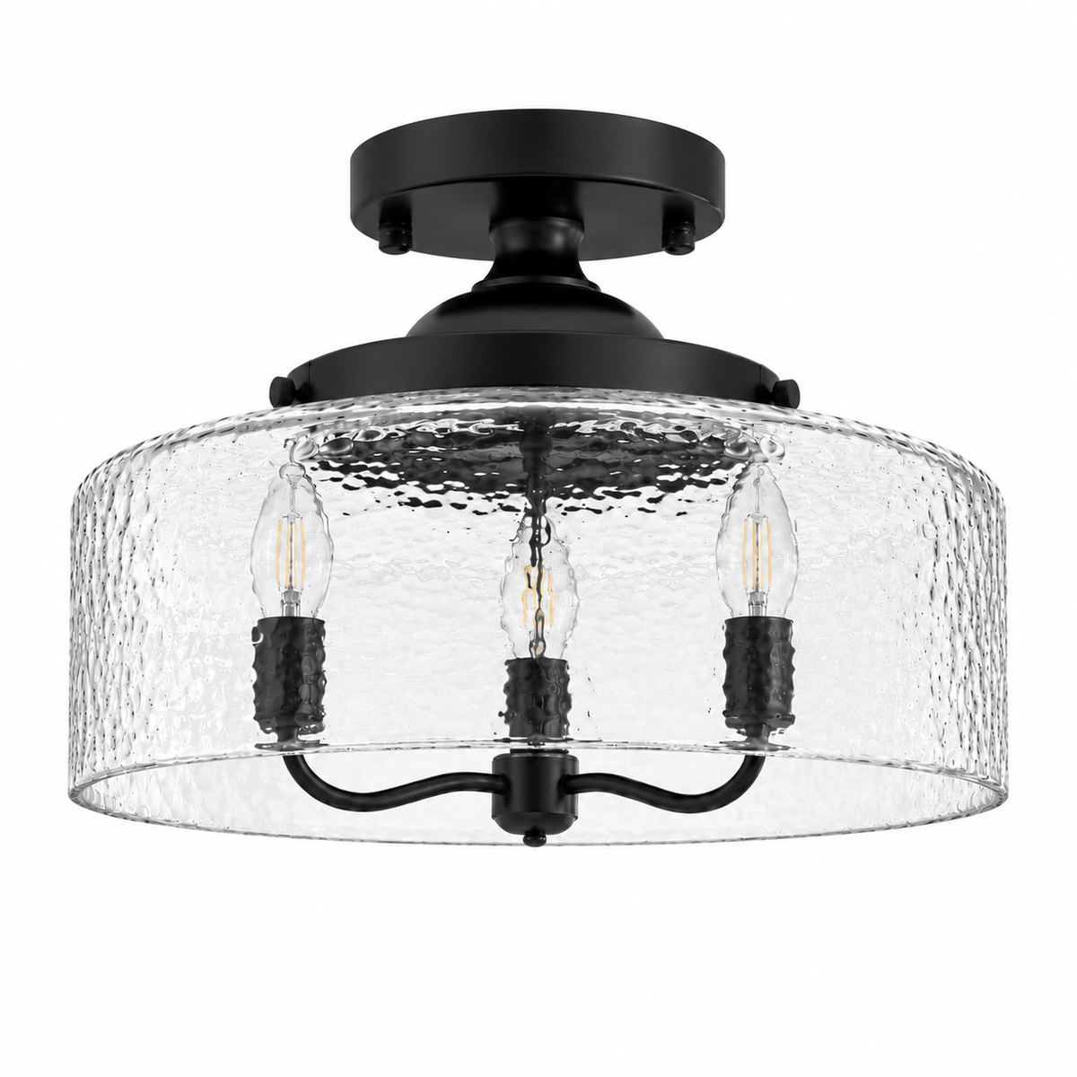 Rosalie Vintage Textured Glass Semi Flush Mount Ceiling Light, Black / Hammered Clear Glass, switched-off white-background product view