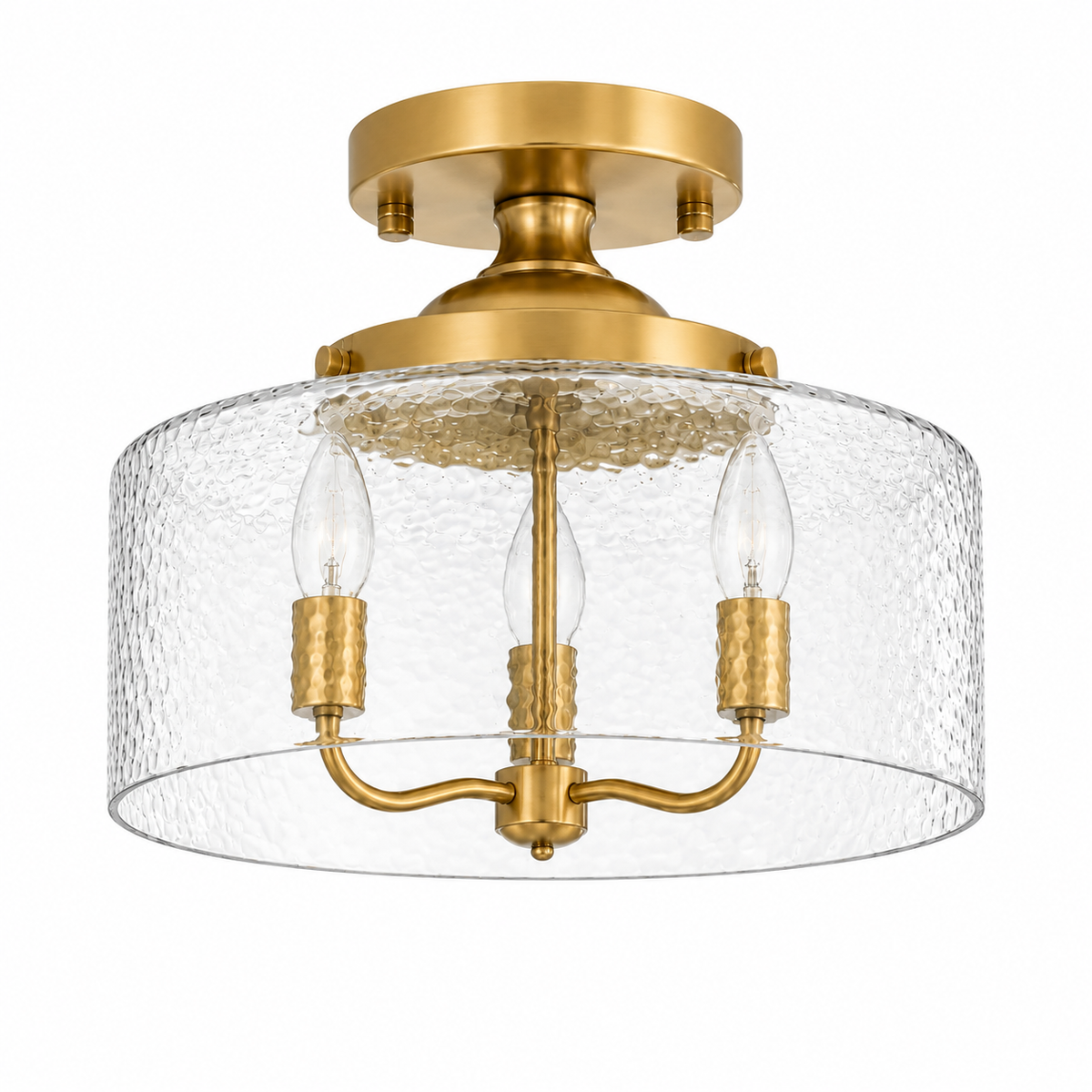Rosalie Vintage Textured Glass Semi Flush Mount Ceiling Light, Gold / Hammered Clear Glass, switched-off white-background product view