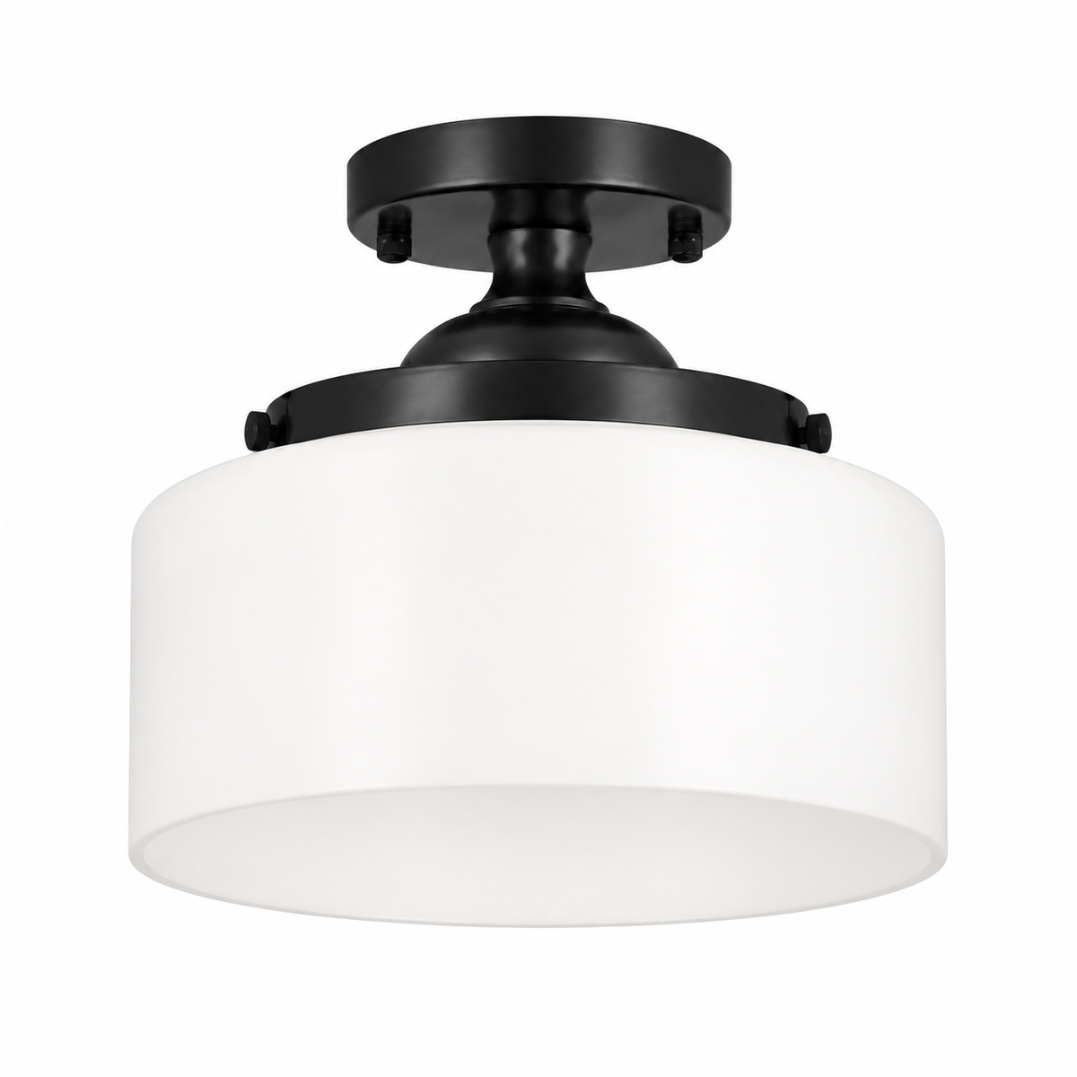 Rosalie Vintage Textured Glass Semi Flush Mount Ceiling Light, Black / White Glass, switched-off white-background product view
