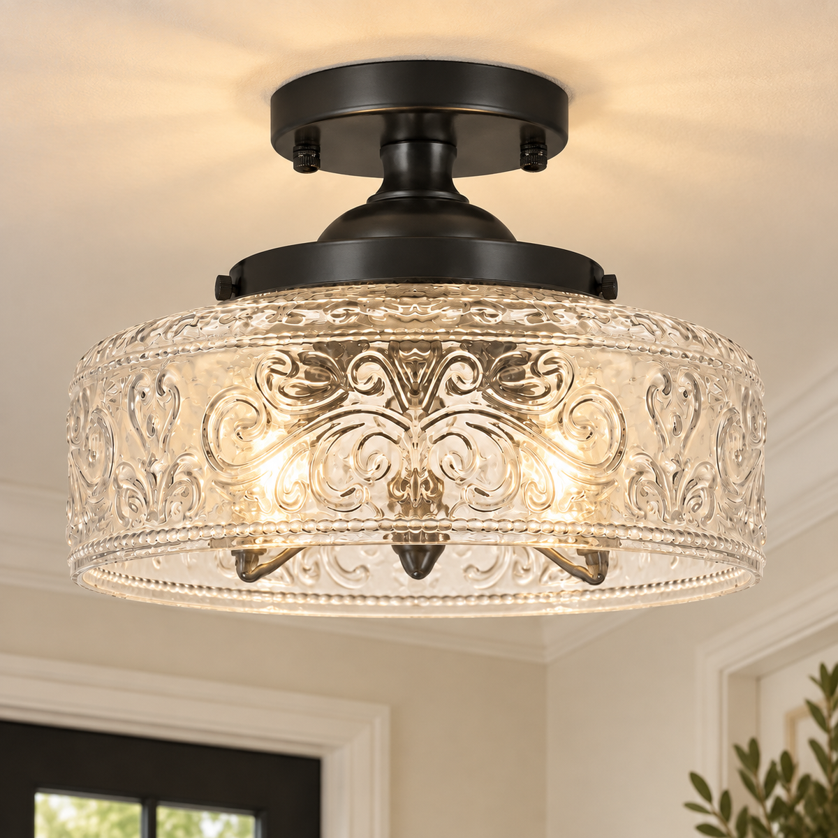 Rosalie Vintage Textured Glass Semi Flush Mount Ceiling Light, Matte Black / Etched Clear Glass, installed SKU view