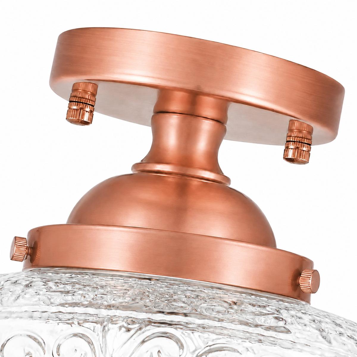 Rosalie Vintage Textured Glass Semi Flush Mount Ceiling Light, ceiling canopy and neck detail