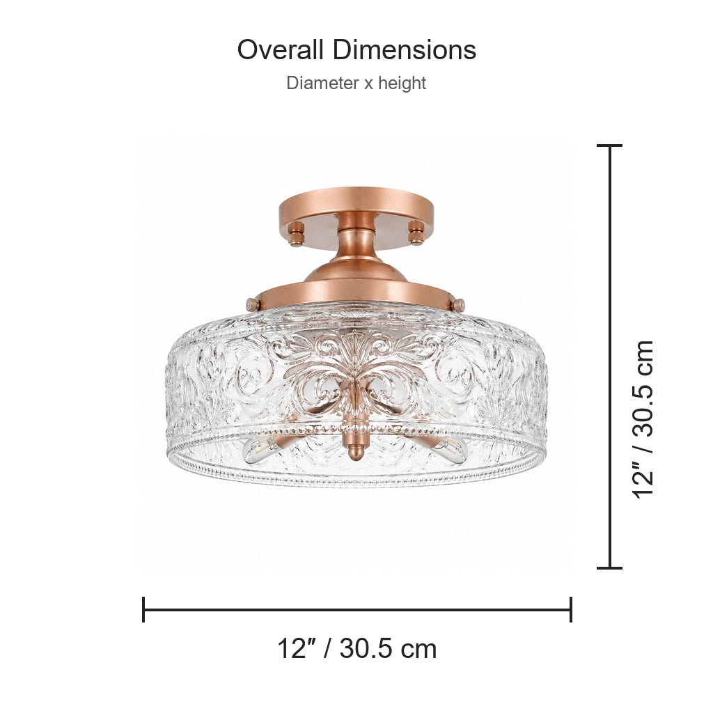 Rosalie Vintage Textured Glass Semi Flush Mount Ceiling Light, 12-inch by 12-inch dimensions