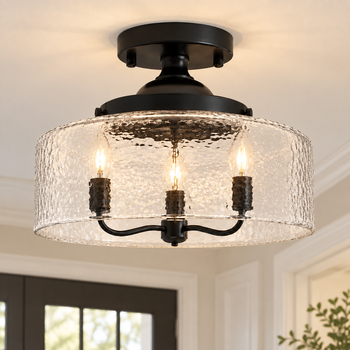 Rosalie Vintage Textured Glass Semi Flush Mount Ceiling Light, Black / Hammered Clear Glass, installed SKU view