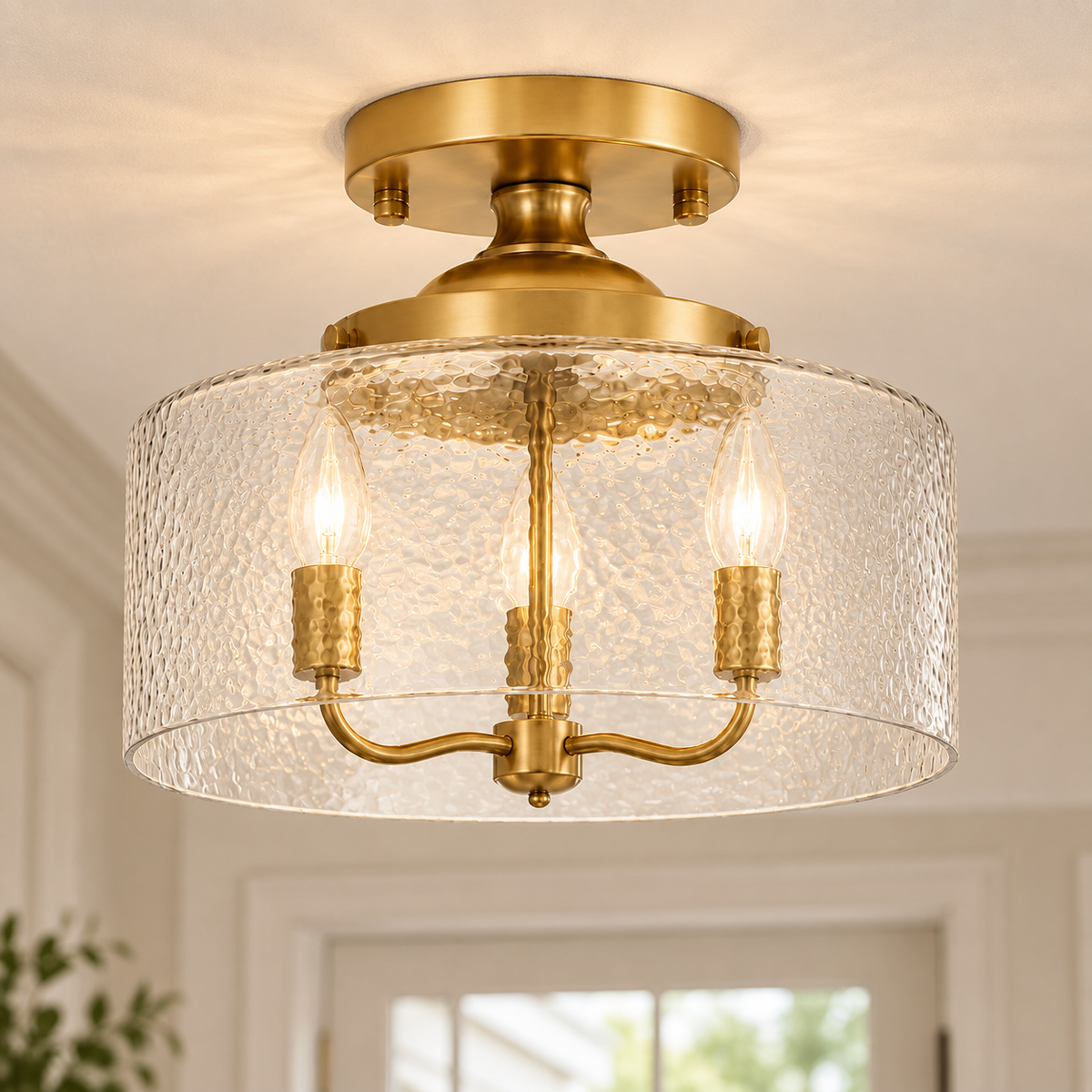 Rosalie Vintage Textured Glass Semi Flush Mount Ceiling Light, Gold / Hammered Clear Glass, installed SKU view