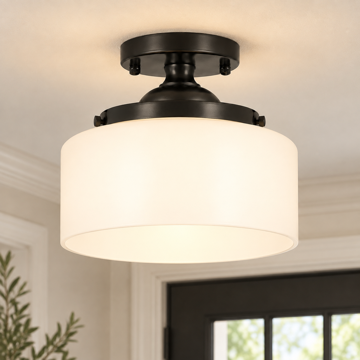 Rosalie Vintage Textured Glass Semi Flush Mount Ceiling Light, Black / White Glass, installed SKU view