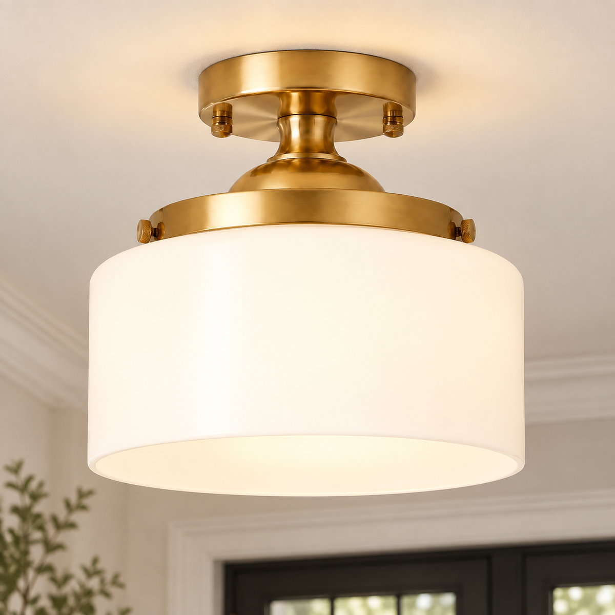 Rosalie Vintage Textured Glass Semi Flush Mount Ceiling Light, Gold / White Glass, installed SKU view
