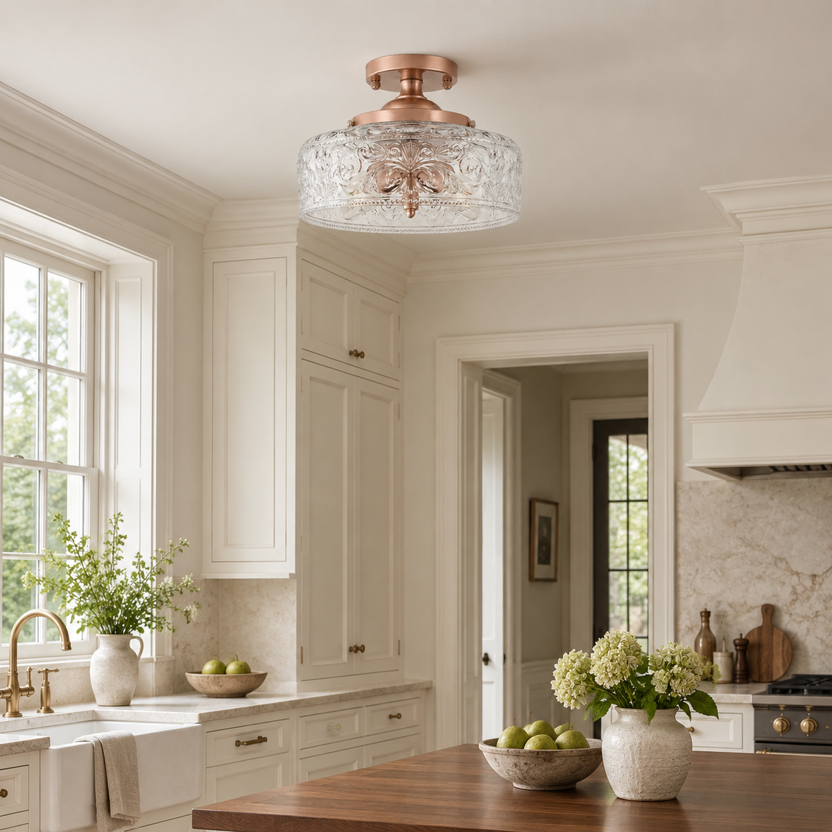 Rosalie Vintage Textured Glass Semi Flush Mount Ceiling Light, Rose Gold / Etched Clear Glass, varied close installed view at realistic scale