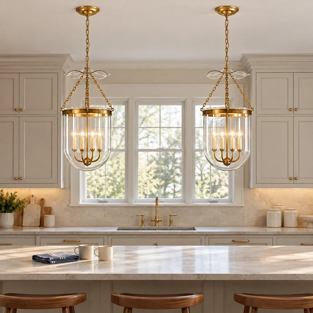 Rousham Brass Glass Lantern Pendant Light, close kitchen scene with two lanterns