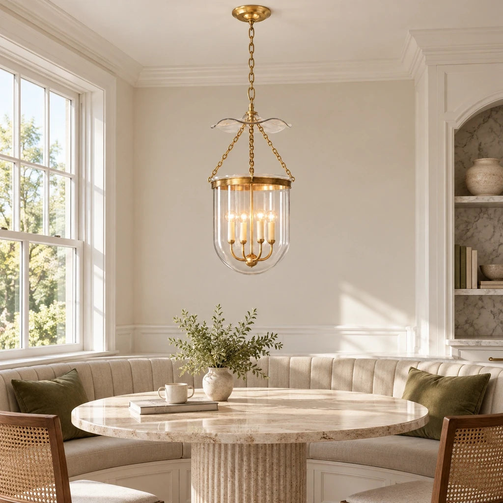 Rousham Brass Glass Lantern Pendant Light, close breakfast nook scene