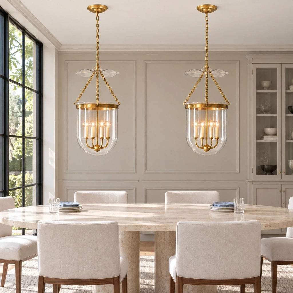 Rousham Brass Glass Lantern Pendant Light, close dining scene with two lanterns