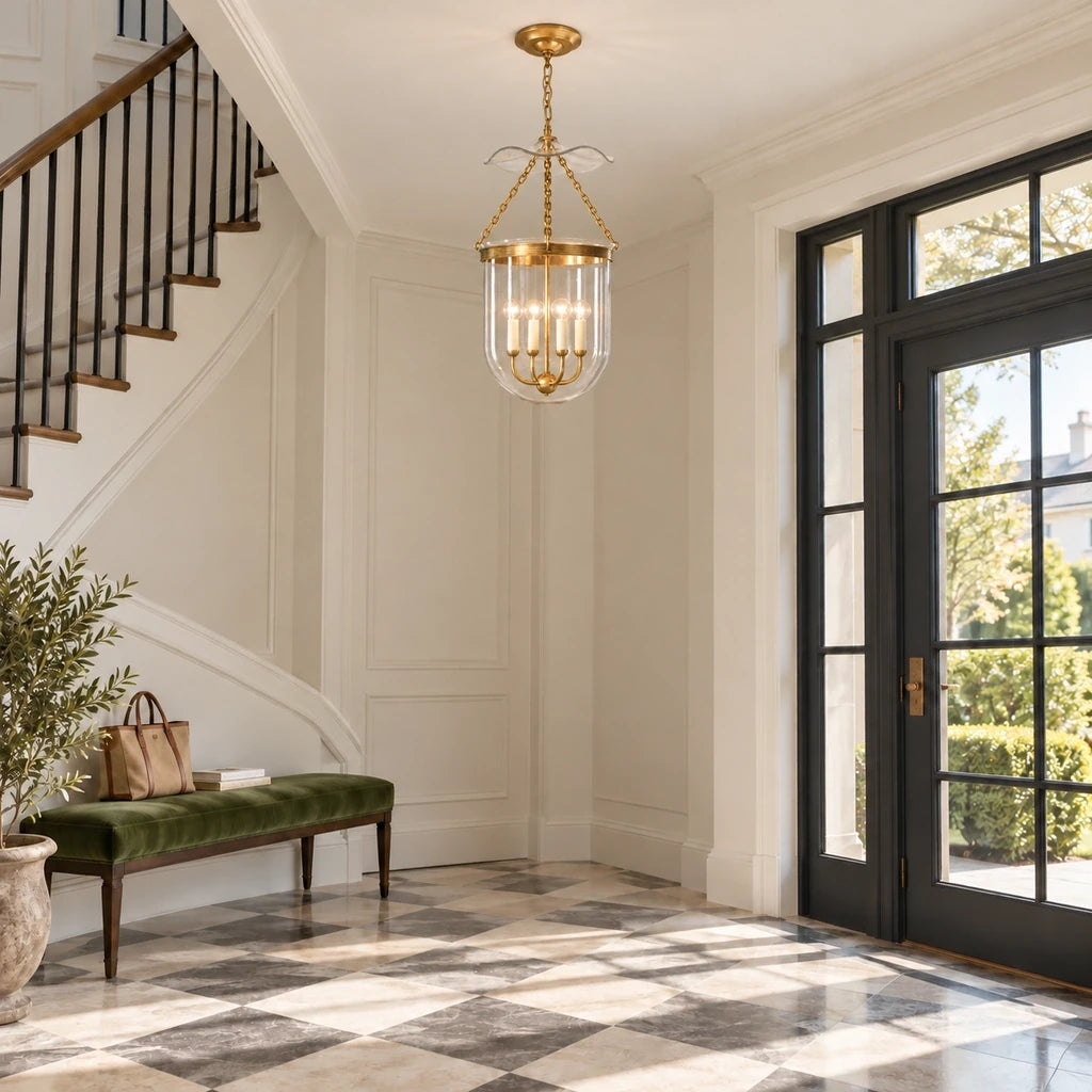 Rousham Brass Glass Lantern Pendant Light, medium entry scene