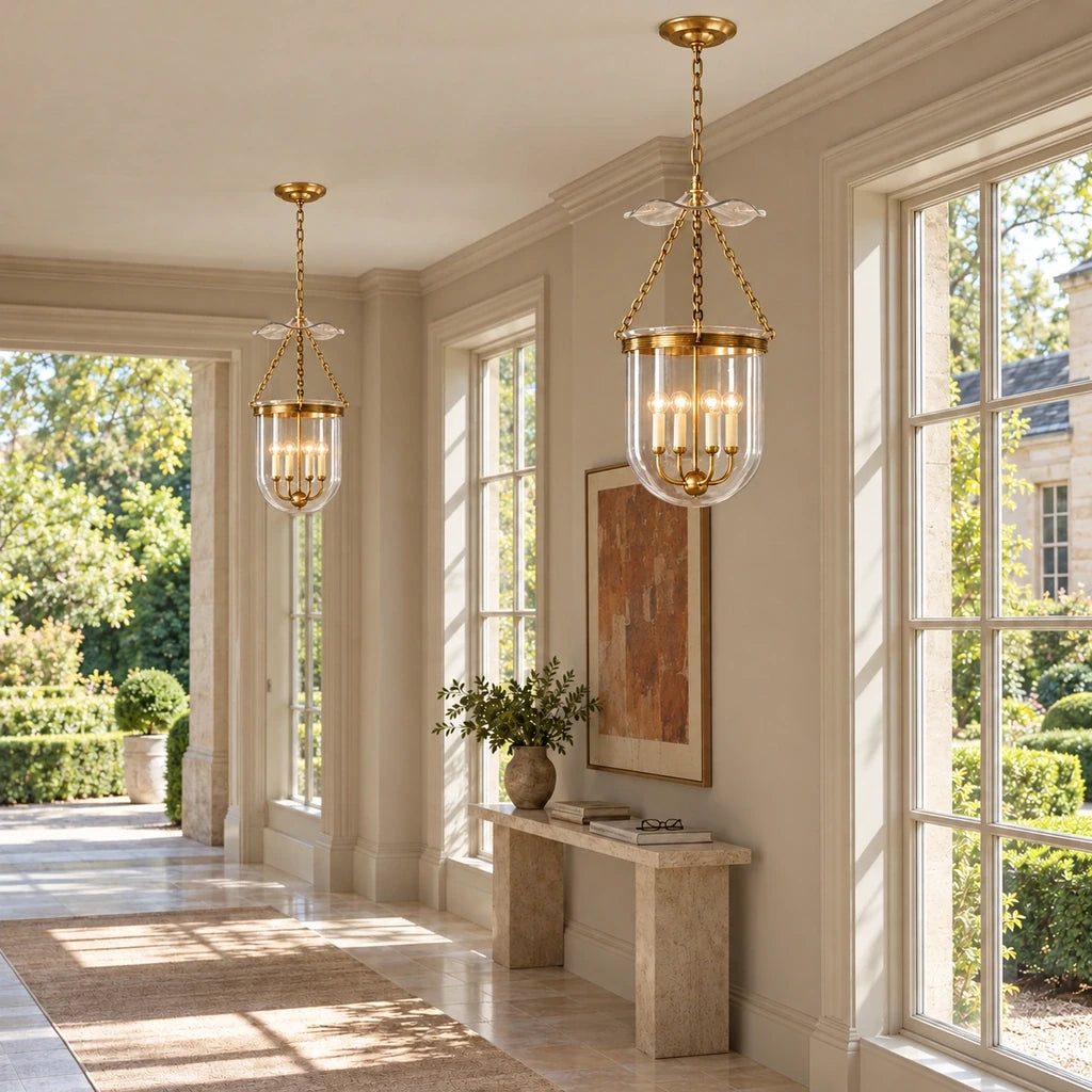 Rousham Brass Glass Lantern Pendant Light, medium gallery scene with two lanterns