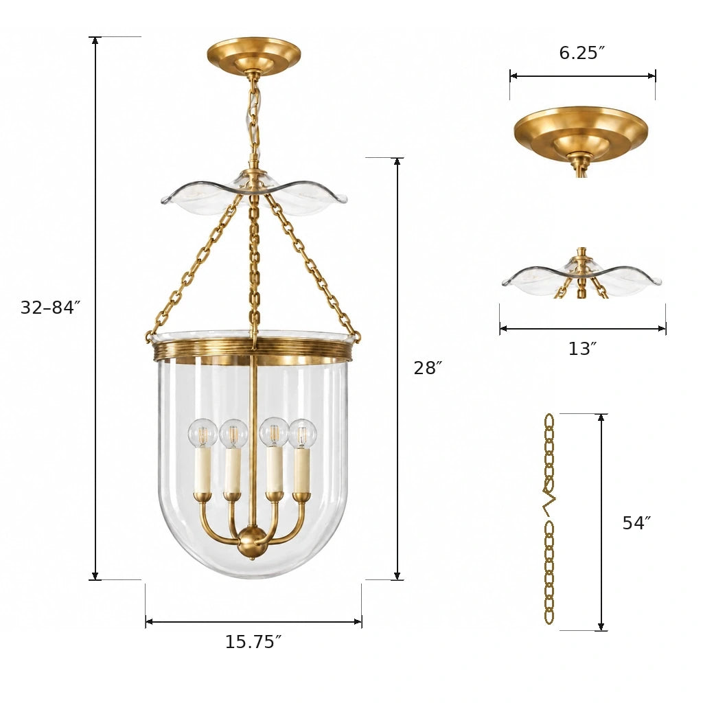 Rousham Brass Glass Lantern Pendant Light, dimension diagram