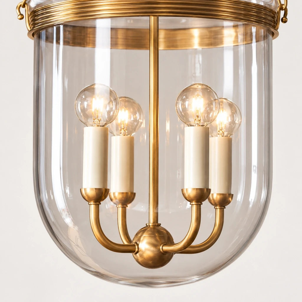 Rousham Brass Glass Lantern Pendant Light, glass panels and four-light detail