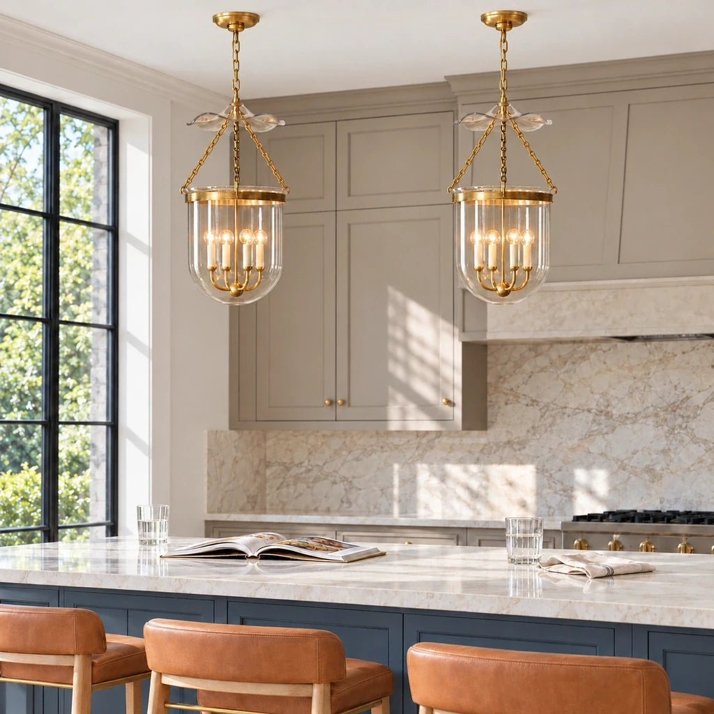 Rousham Brass Glass Lantern Pendant Light, kitchen island scene with two lanterns