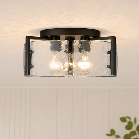 Ryan Golden Modern Drum Water Ripple Glass Brass Flush Mount Light
