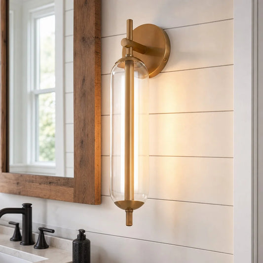 Stellan Modern Tube Clear Glass Brass Bathroom Vanity Wall Sconce