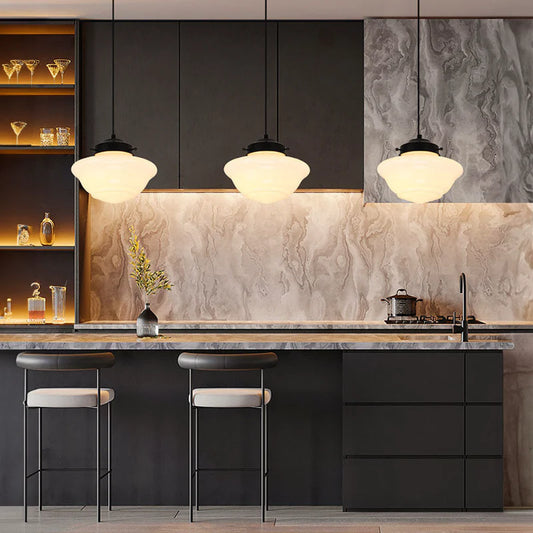 Vintage Art Deco Geometric Milk Glass Pendant Light