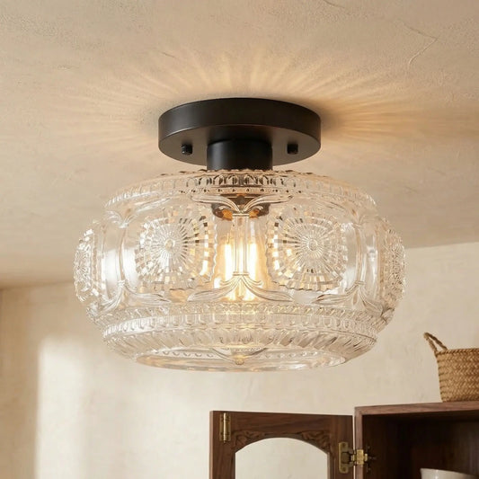 Vintage Pattern Glass Round Semi Ceiling Light