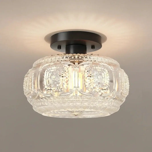 Vintage Pattern Glass Round Semi Ceiling Light