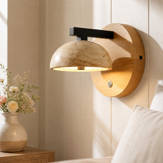 Eiren Vintage Wabi-Sabi Travertine Wood and Stone Wall Sconce
