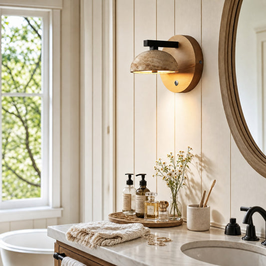 Eiren Vintage Wabi-Sabi Travertine Wood and Stone Wall Sconce
