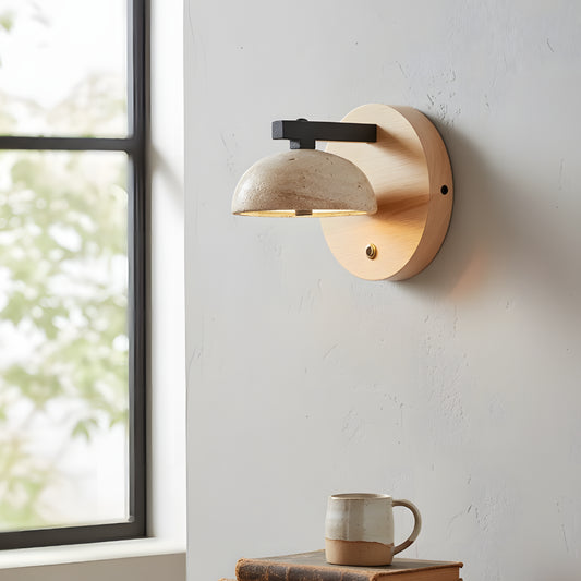 Vintage Wabi-Sabi Travertine Wood and Stone Wall Sconce