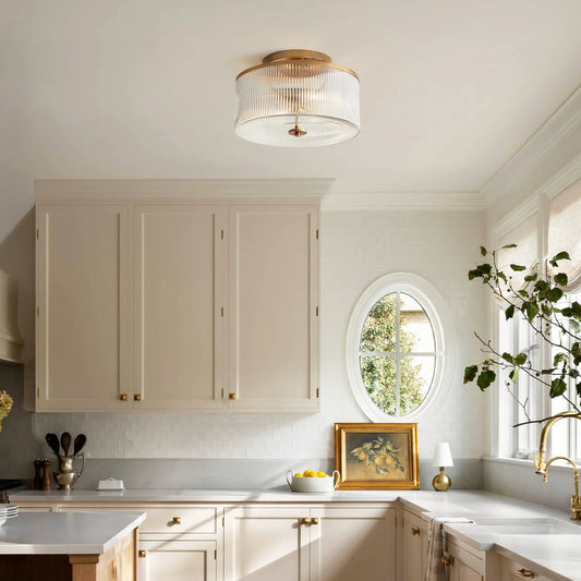 Vireo Farmhouse Drum-Shaped Ribbed Glass Ceiling Light