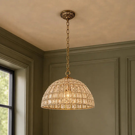 Voss French Antique Metal Crystal Chain Dome Chandelier