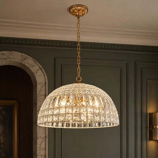 Voss French Antique Metal Crystal Chain Dome Chandelier