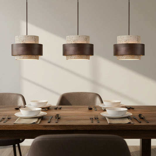 Wabi-Sabi Cylindrical Travertine Wood and Stone Pendant Light