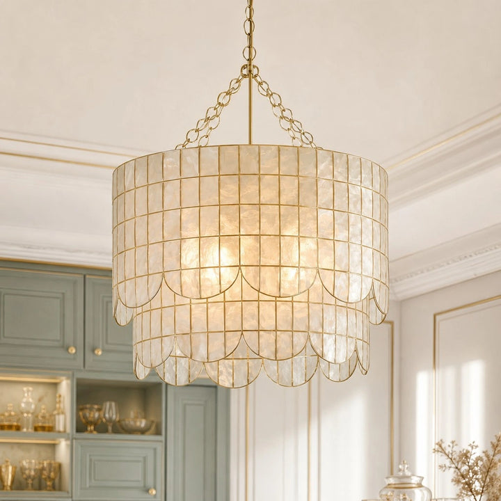 Wylara Vintage Double Tiered Scalloped Capiz Shell Chandelier