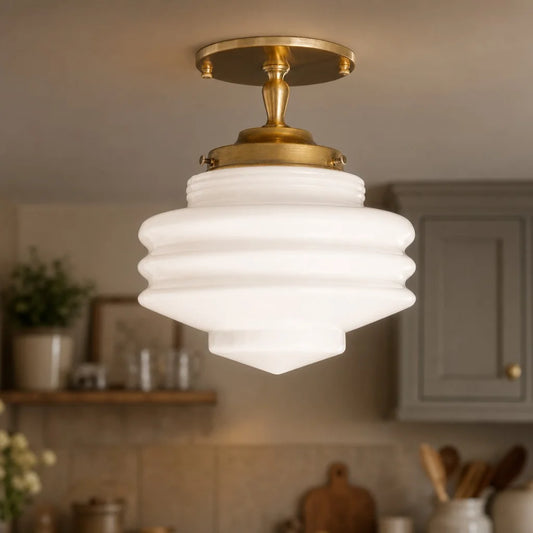 Yrtc Art Deco Ribbed Milk Glass Flush Mount Ceiling Light