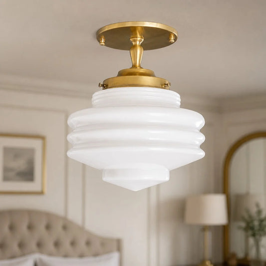 Yrtc Art Deco Ribbed Milk Glass Flush Mount Ceiling Light