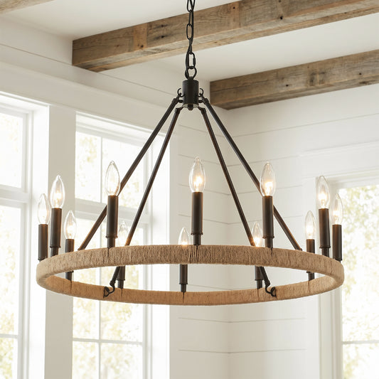 Yves Farmhouse 12-Light Wagon Wheel Chandelier