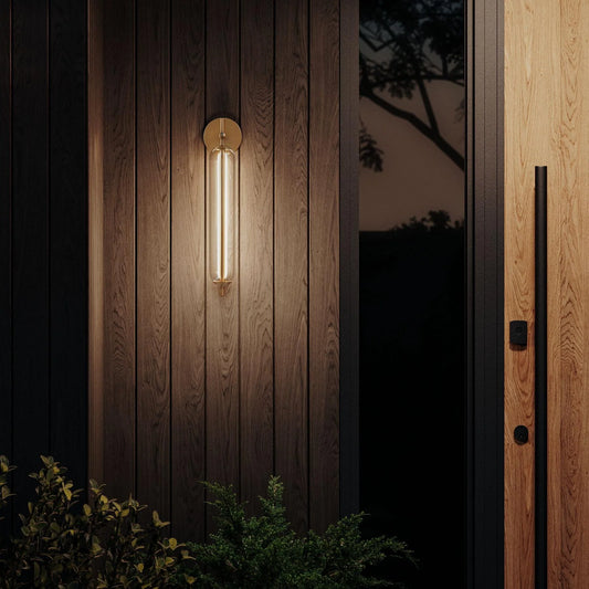 Zev Modern Brass Vertical Tube Clear Glass Wall Sconce