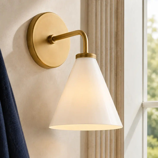 Zorya industrial brass cone shade wall sconce, Milk Glass, installed SKU view