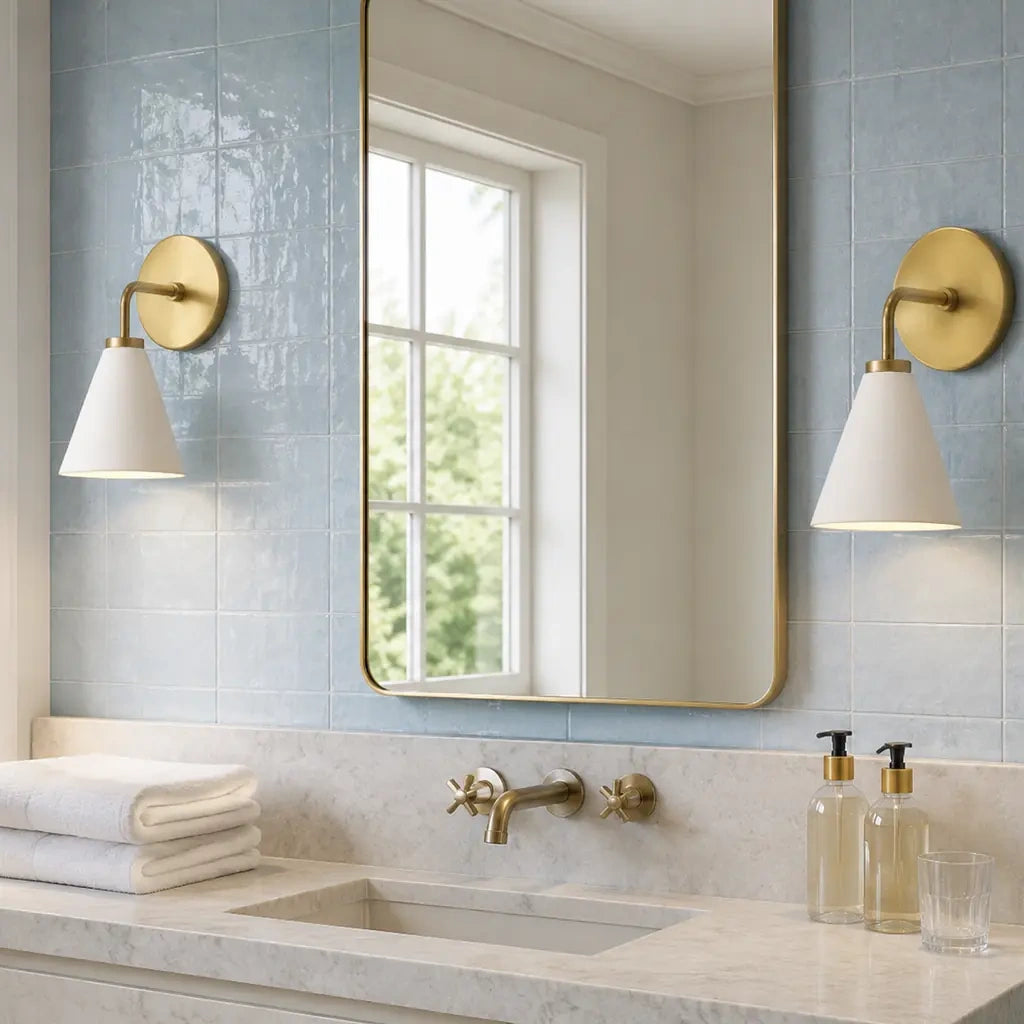 Zorya industrial brass cone shade wall sconce, Porcelain, installed room view