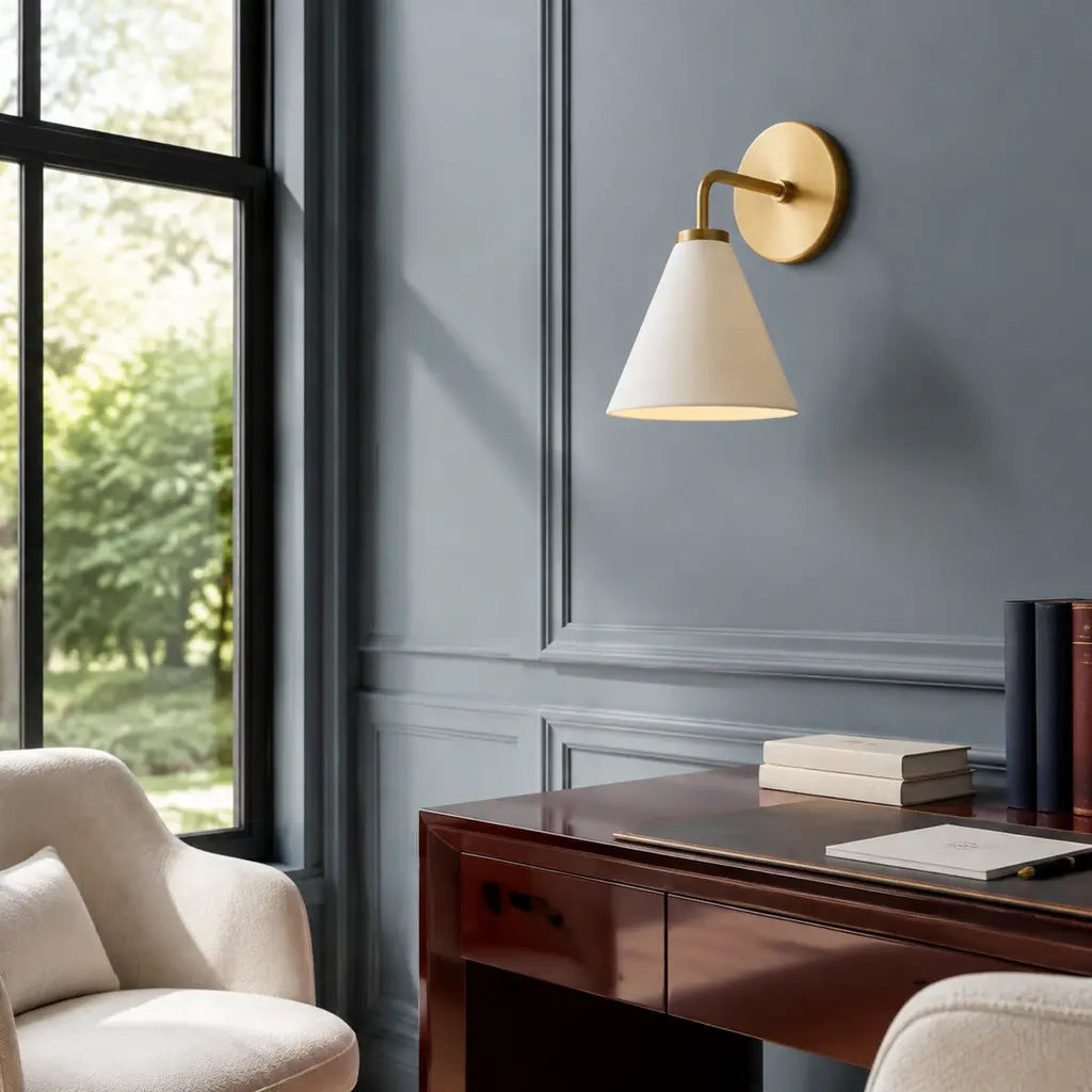 Zorya industrial brass cone shade wall sconce, Porcelain, installed room view