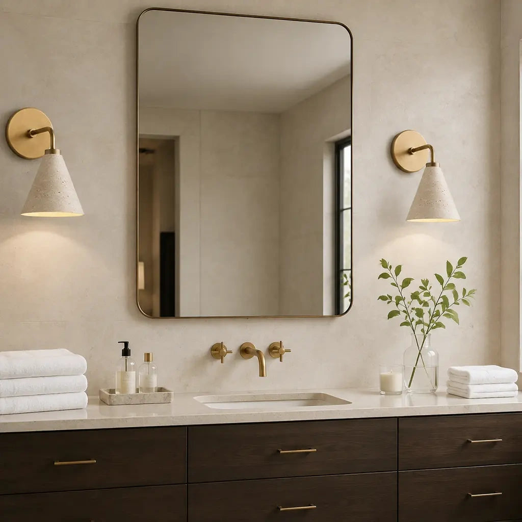 Zorya industrial brass cone shade wall sconce, Travertine, installed room view