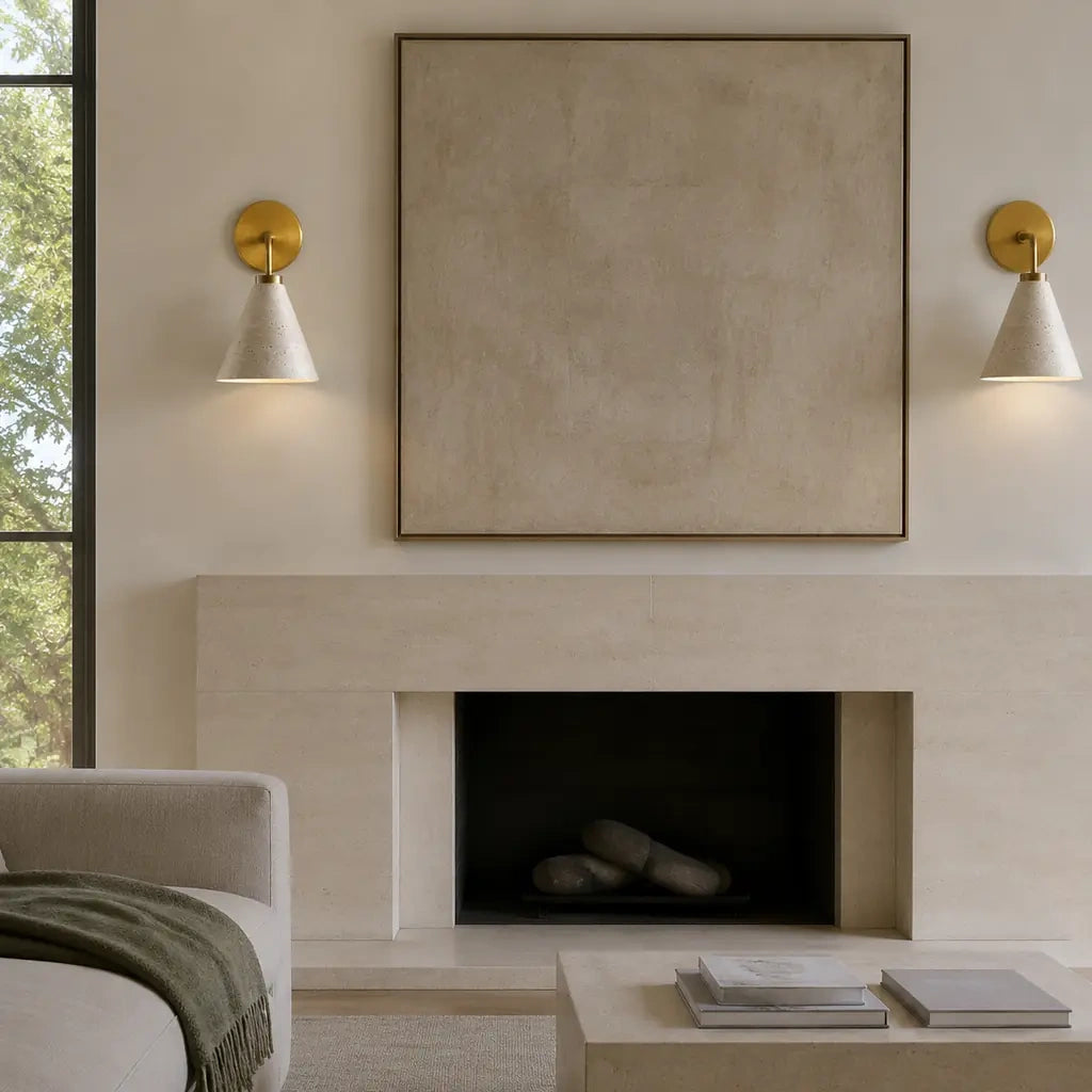 Zorya industrial brass cone shade wall sconce, Travertine, installed room view