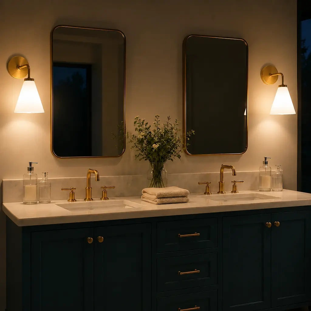 Zorya industrial brass cone shade wall sconce, Milk Glass, switched-on nighttime view