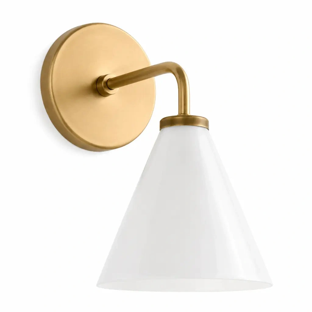 Zorya industrial brass cone shade wall sconce, Milk Glass, switched-off white-background view