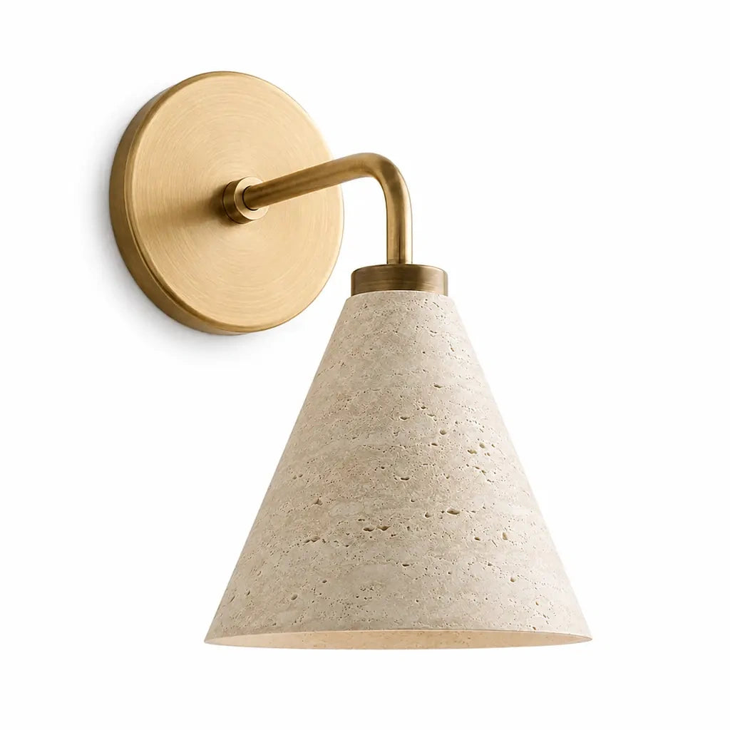 Zorya industrial brass cone shade wall sconce, Travertine, switched-off white-background view