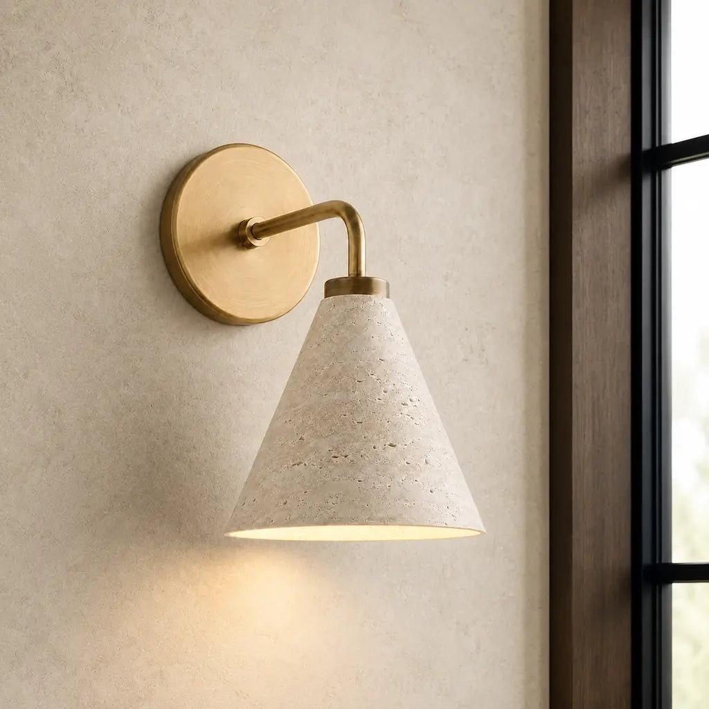 Zorya industrial brass cone shade wall sconce, Travertine, installed SKU view